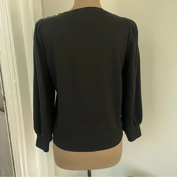 J Crew Black Puffsleeve Sweatshirt with Jeweled Button Detail size M GUC - Picture 3 of 8
